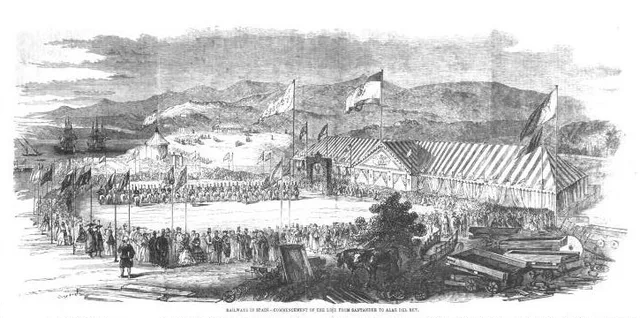Ceremonia de apertura de las obras del ferrocarril de Santander en una ilustración británica de 1852