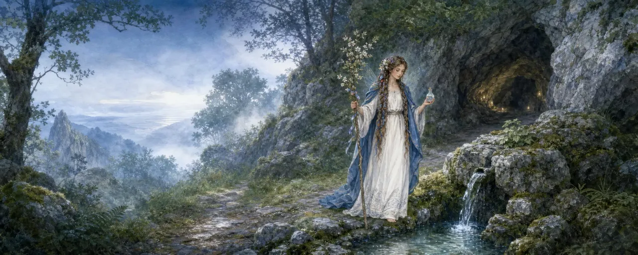 La Anjana junto a una fuente en un bosque cantabro al alba