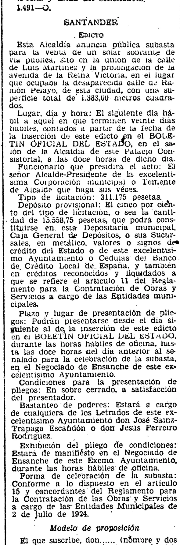 Edicto municipal de 1948 sobre un solar junto a la prolongación de la avenida Reina Victoria