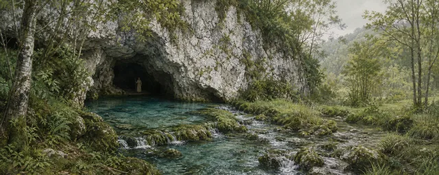 La Fuentona de Ruente brotando al pie de una pared caliza con una presencia sugerida en la gruta