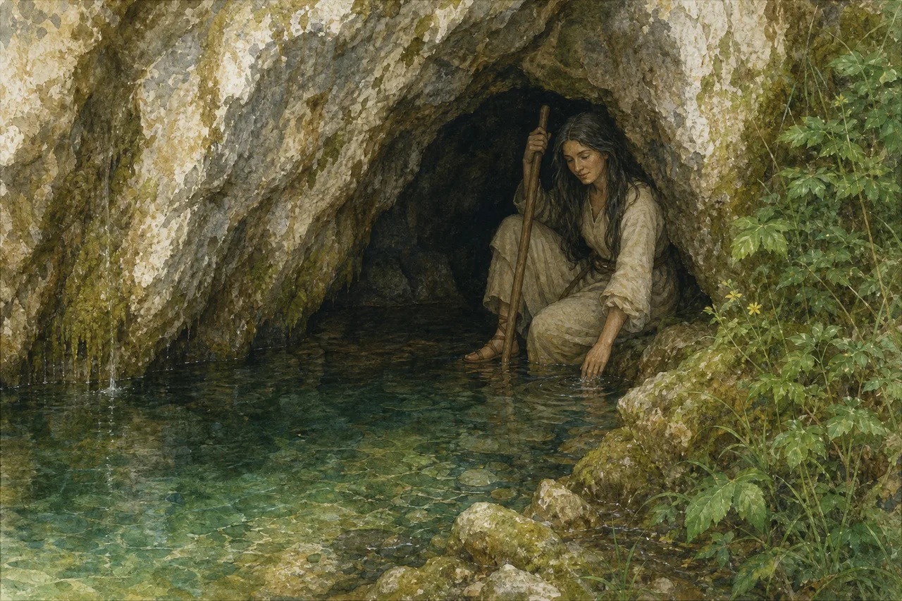 La anjana de la gruta de la Fuentona de Ruente junto al agua