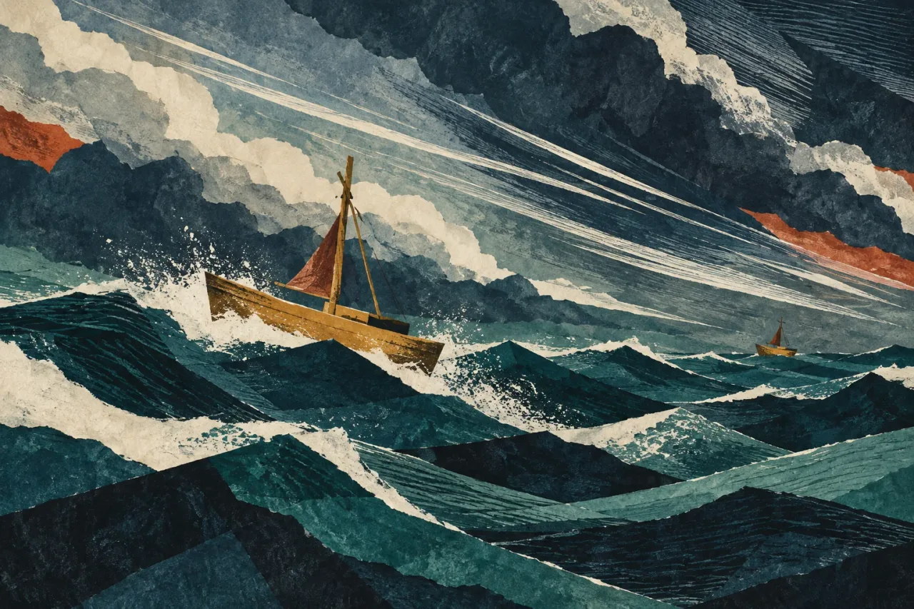 Ilustración interpretativa generada con IA de dos embarcaciones ocres entre bandas gráficas de mar y viento