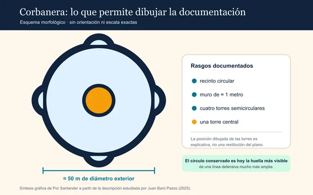 Esquema circular de Corbanera con cuatro torres semicirculares y una torre central