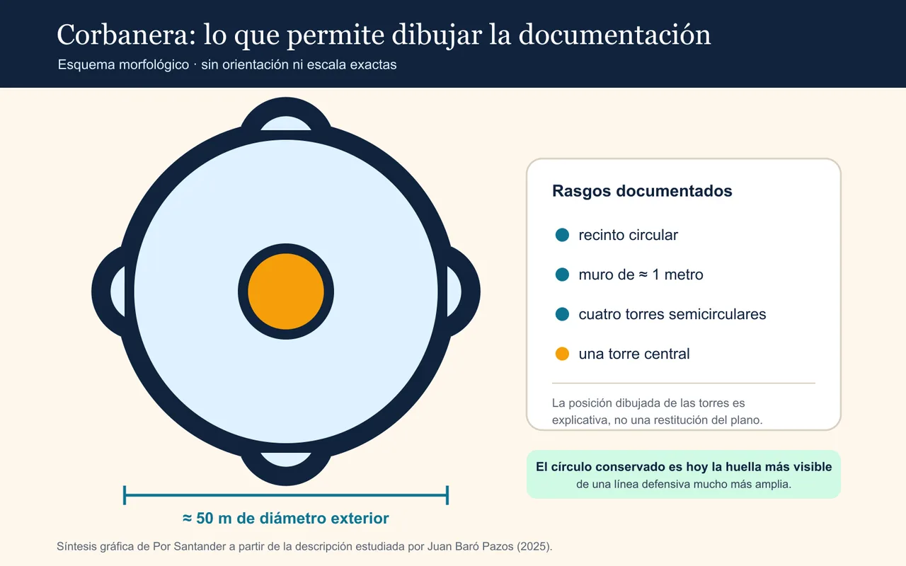Esquema circular de Corbanera con cuatro torres semicirculares y una torre central