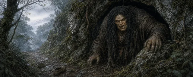 La Ojáncana en la boca de una cueva caliza de un bosque cantabro
