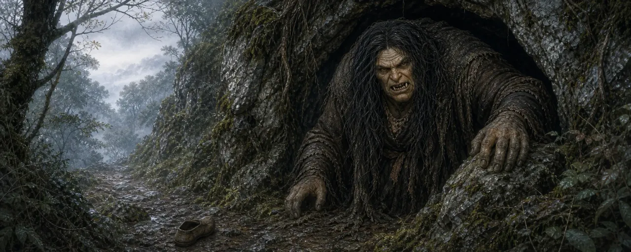 La Ojáncana en la boca de una cueva caliza de un bosque cantabro
