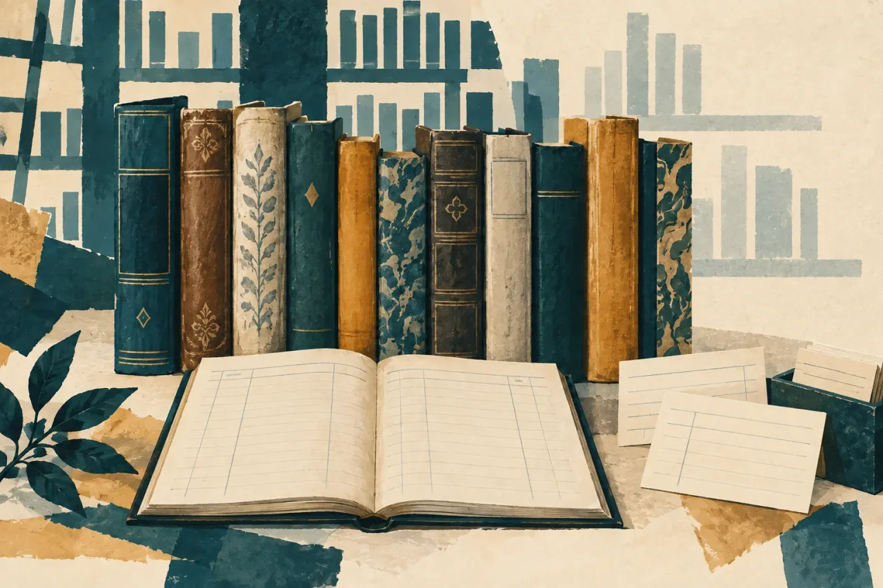 Ilustración conceptual de libros reunidos junto a un inventario y fichas de catálogo