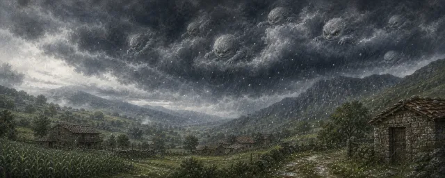 Los Nuberos dentro de un frente de tormenta sobre un valle cantabro