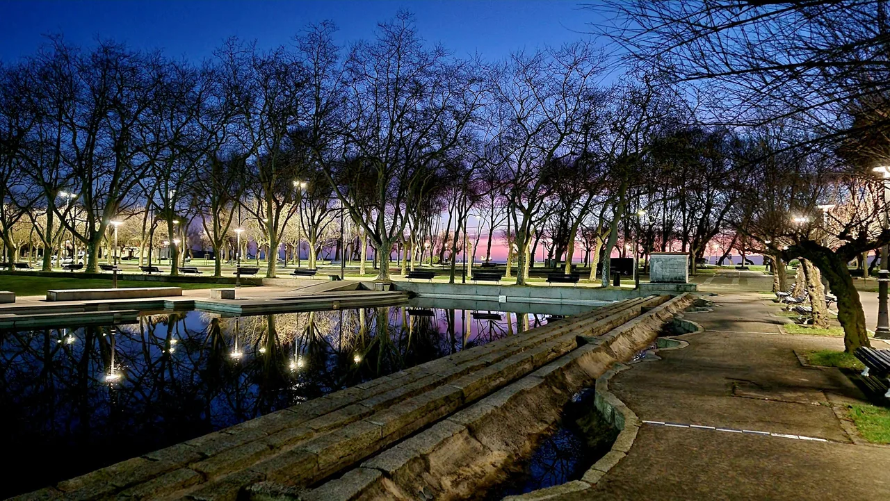 El estanque del parque de Mesones al amanecer, con los árboles y las farolas reflejados en el agua