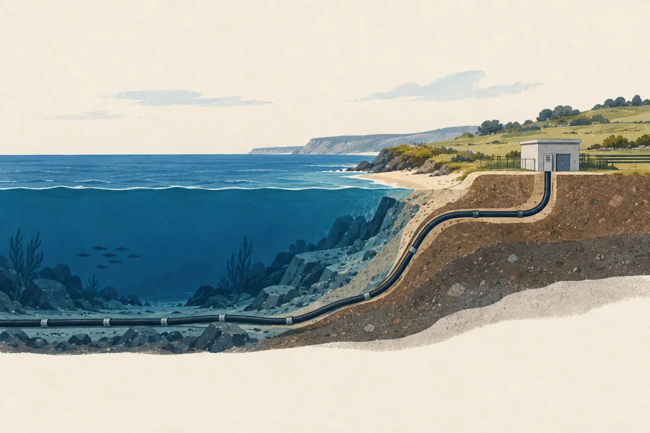 Ilustración conceptual generada con IA de un cable que pasa del fondo marino a una instalación terrestre