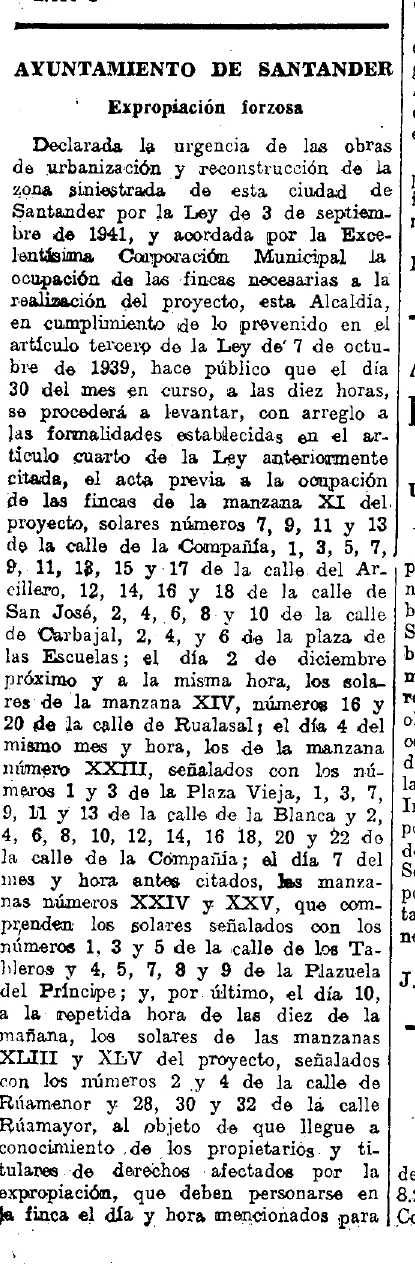Detalle del anuncio de expropiación forzosa del Ayuntamiento de Santander publicado el 21 de noviembre de 1942