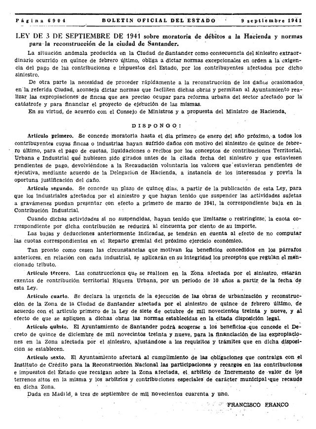 Página 6904 del Boletín Oficial del Estado con la ley de reconstrucción de Santander de 3 de septiembre de 1941