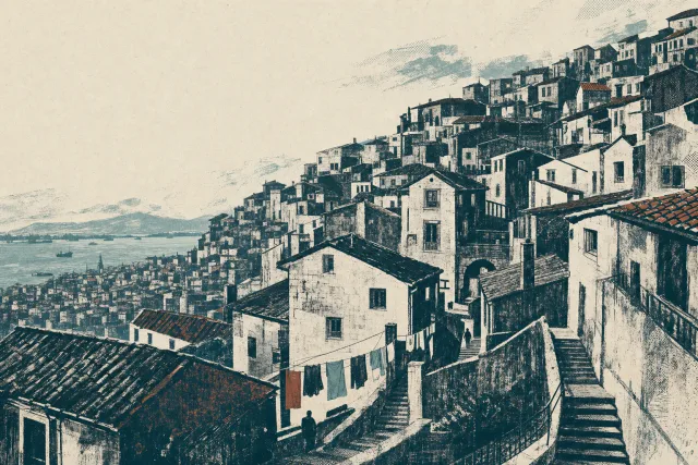 Ilustración interpretativa de una trama urbana densa y escalonada sobre la ladera antes del incendio