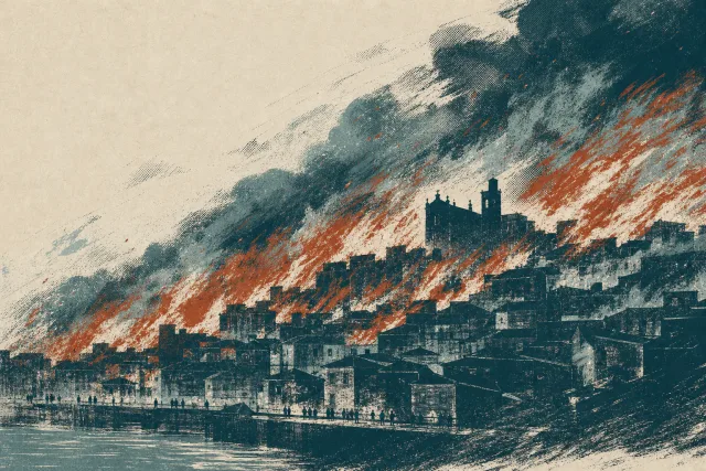 Ilustración interpretativa del viento propagando el incendio sobre los tejados de Santander
