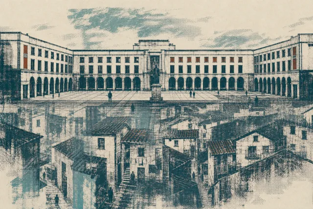 Ilustración interpretativa de una plaza porticada superpuesta a la trama doméstica anterior