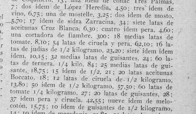Fragmento de un inventario comercial de 1940 con la frase veinte latas aceitunas Boccato