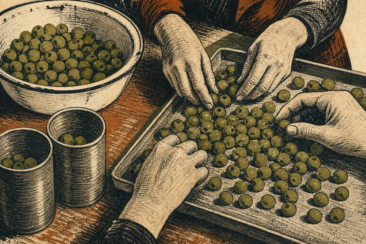 Ilustración de estilo grabado con varias manos trabajando con aceitunas sobre una mesa