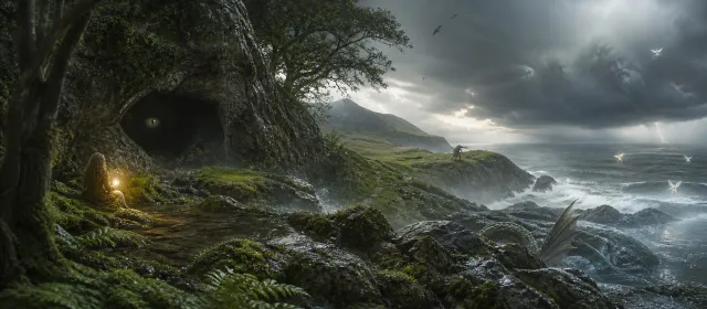 Paisaje cántabro realista con presencias sugeridas del bestiario mitológico