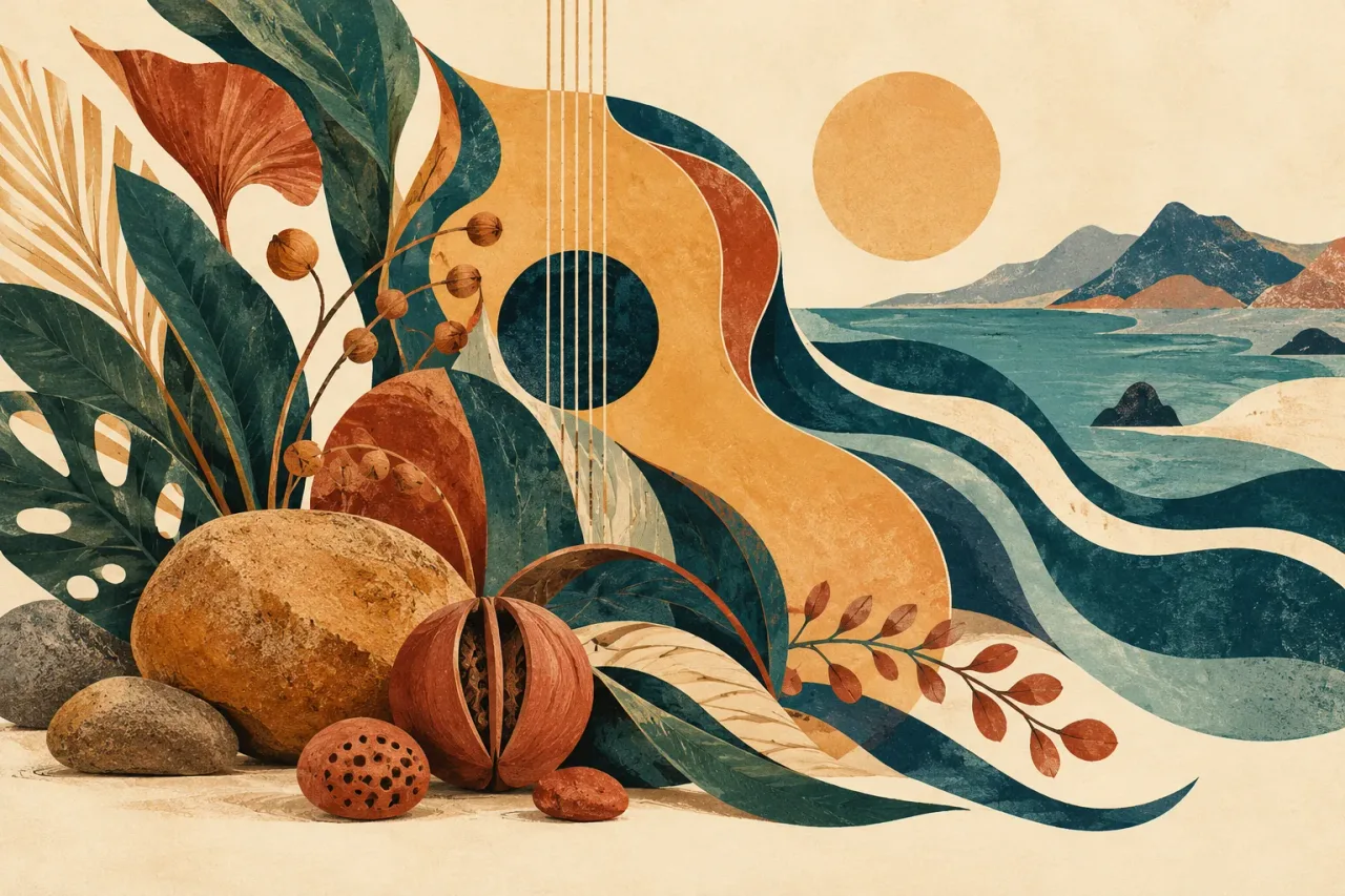 Ilustración generada con IA que combina hojas, piedras, una guitarra y un paisaje imaginario