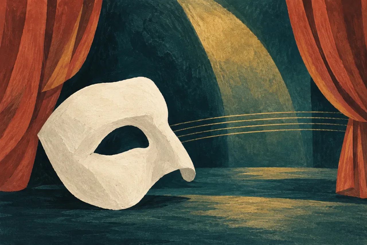 Ilustración generada con IA de una media máscara clara entre telones y trazos que evocan música