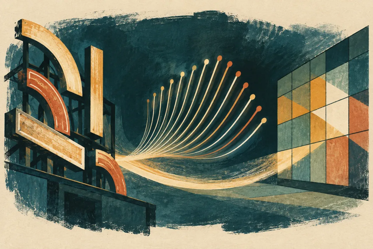 Ilustración generada con IA que une fragmentos de rótulos, líneas luminosas y una proyección geométrica