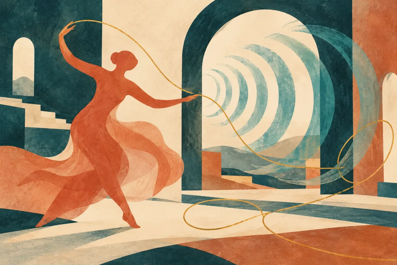 Figura abstracta en movimiento entre ondas sonoras, arcos e hilo dorado, en una ilustración generada con IA