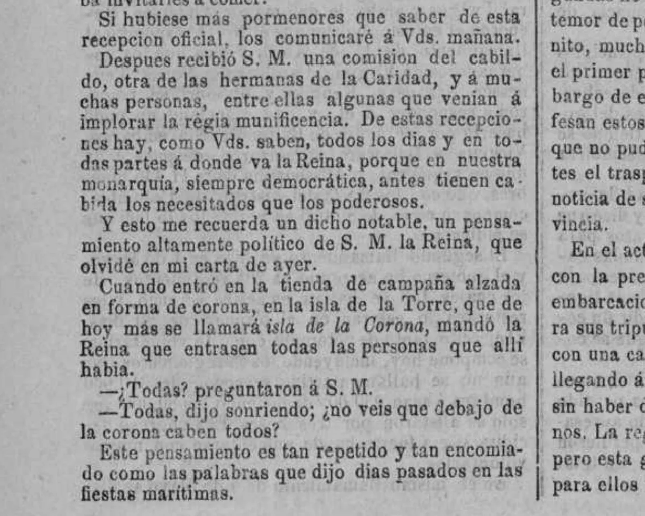 Columna de El Reino de 1861 que relata la visita de Isabel II a la Isla de la Torre y el nombre de Isla de la Corona