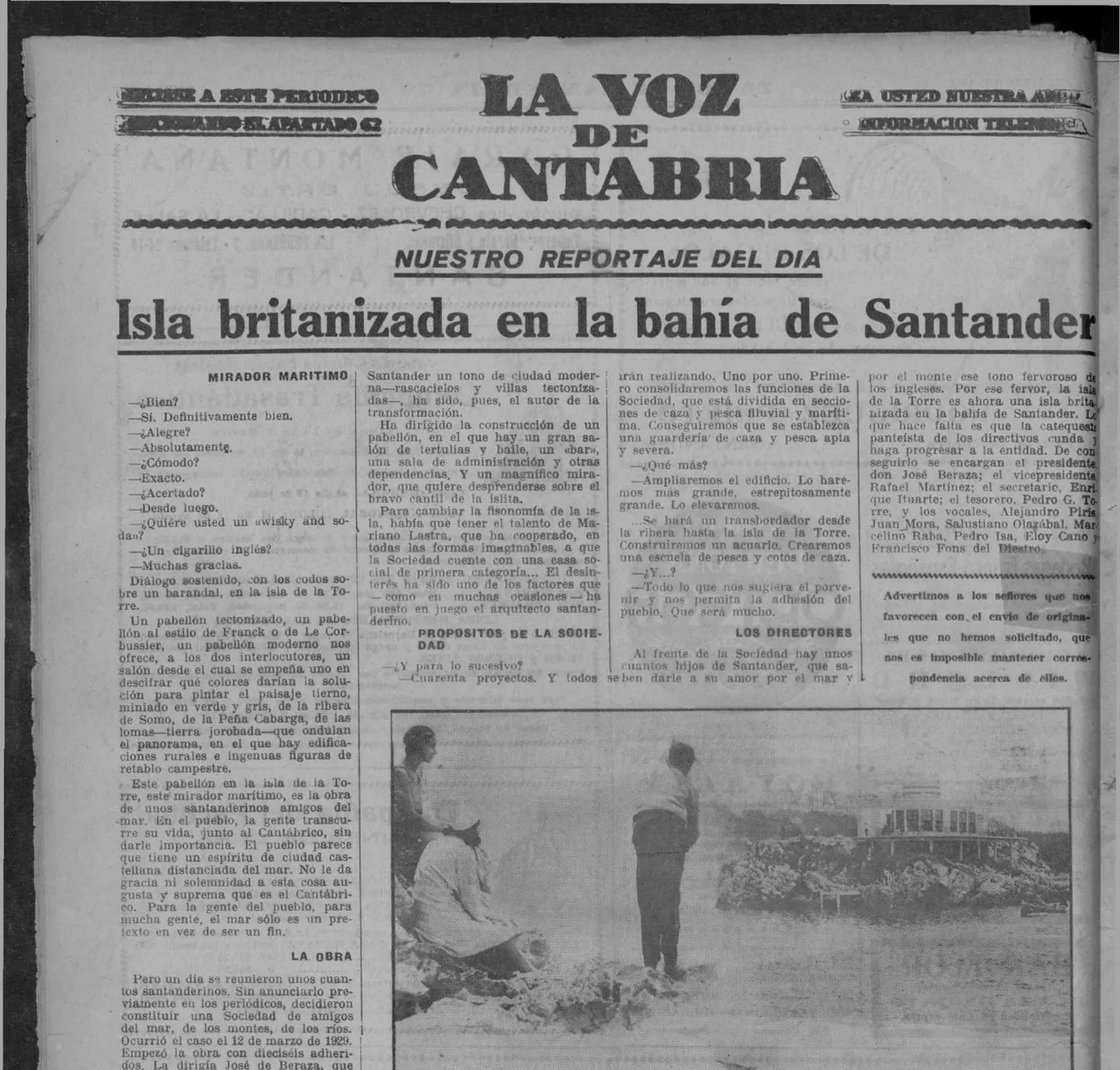 Recorte de La Voz de Cantabria de 1931 con el reportaje Isla britanizada en la bahía de Santander y una fotografía del nuevo club