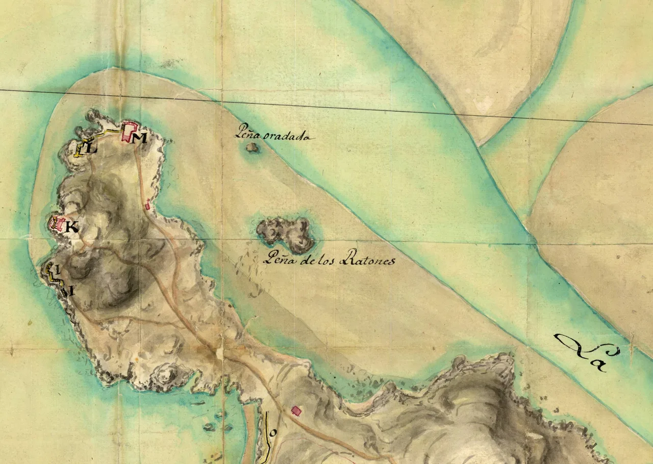 Detalle del plano de Verboom de 1726 con La Magdalena, la Peña oradada y la Peña de los Ratones