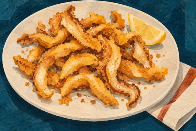 Ilustración interpretativa generada con IA de un plato de rabas doradas con limón sobre una mesa azul