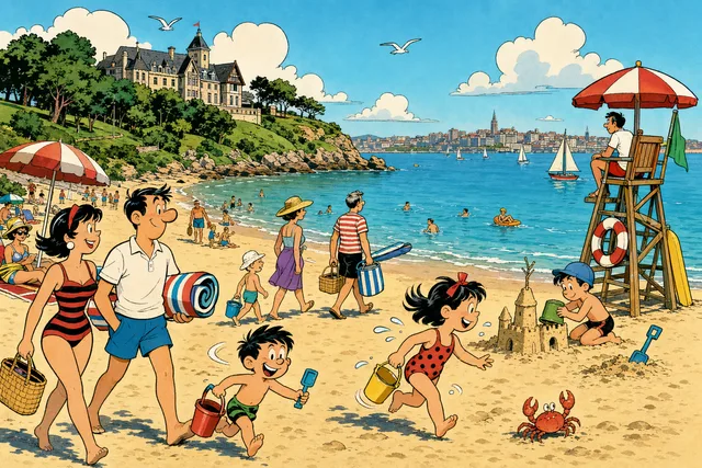 Ilustración de estilo tebeo de la playa de la Magdalena junto a la bahía