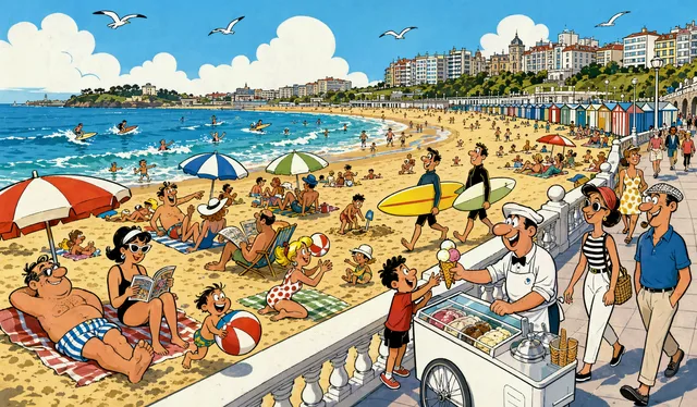 Ilustración de estilo tebeo de la Segunda Playa del Sardinero y su paseo
